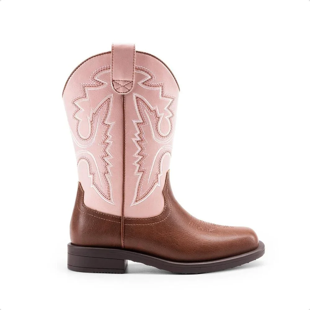 ⚡Girls Pink Brown Cowboy Boots Toddler Mid Calf Western Square Toe Riding Boot